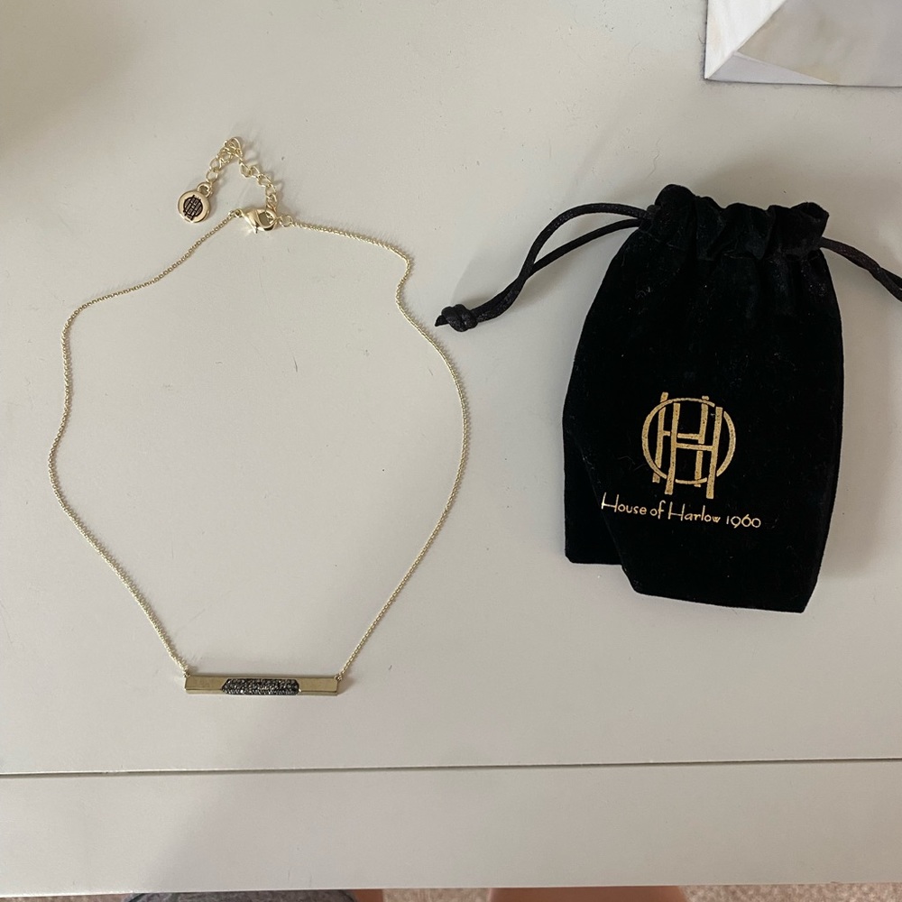 House of Harlow Modern Revival Bar Necklace in Gold & Hematite Pave